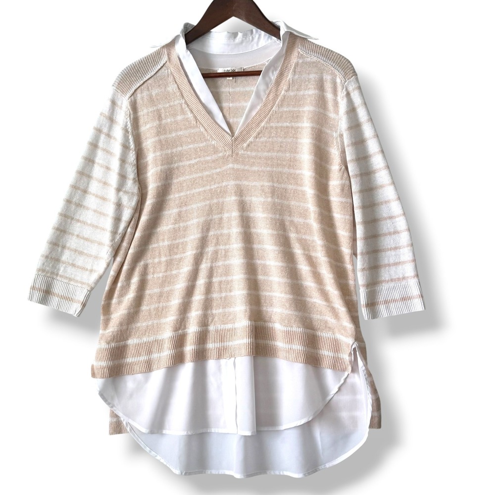 Tyler Boe Sweater L Tan White Striped 100% Linen V-Neck Faux Layered Top Preppy